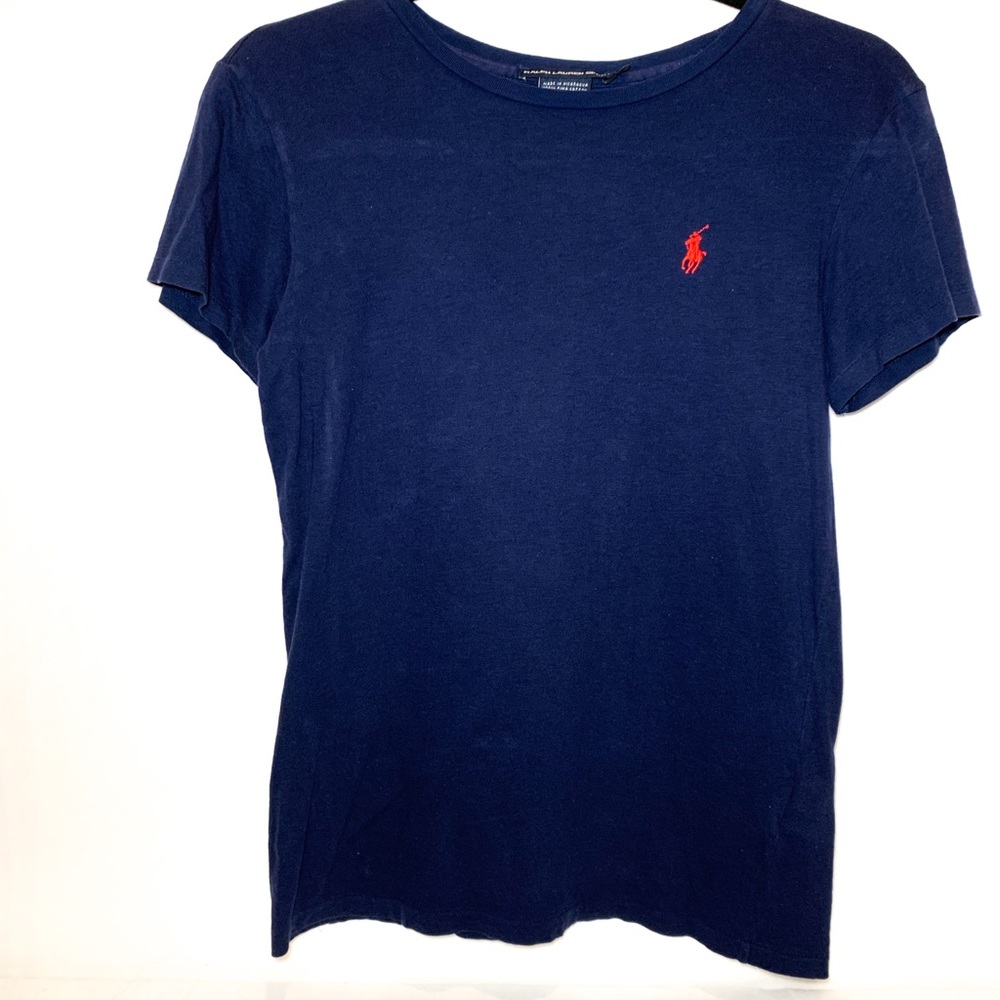 Blue shirt with red POLO